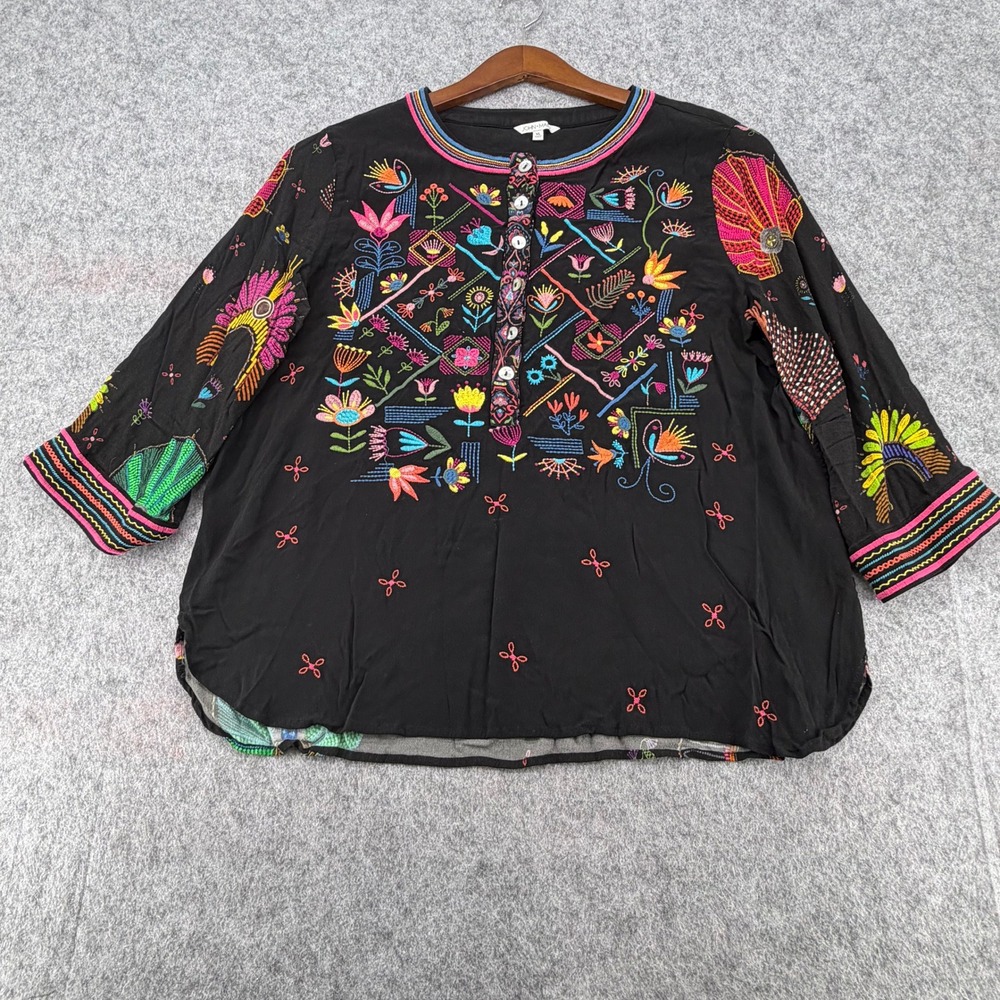 John Mark Embroidered Tunic Top Black Multi Color Floral Boho XL